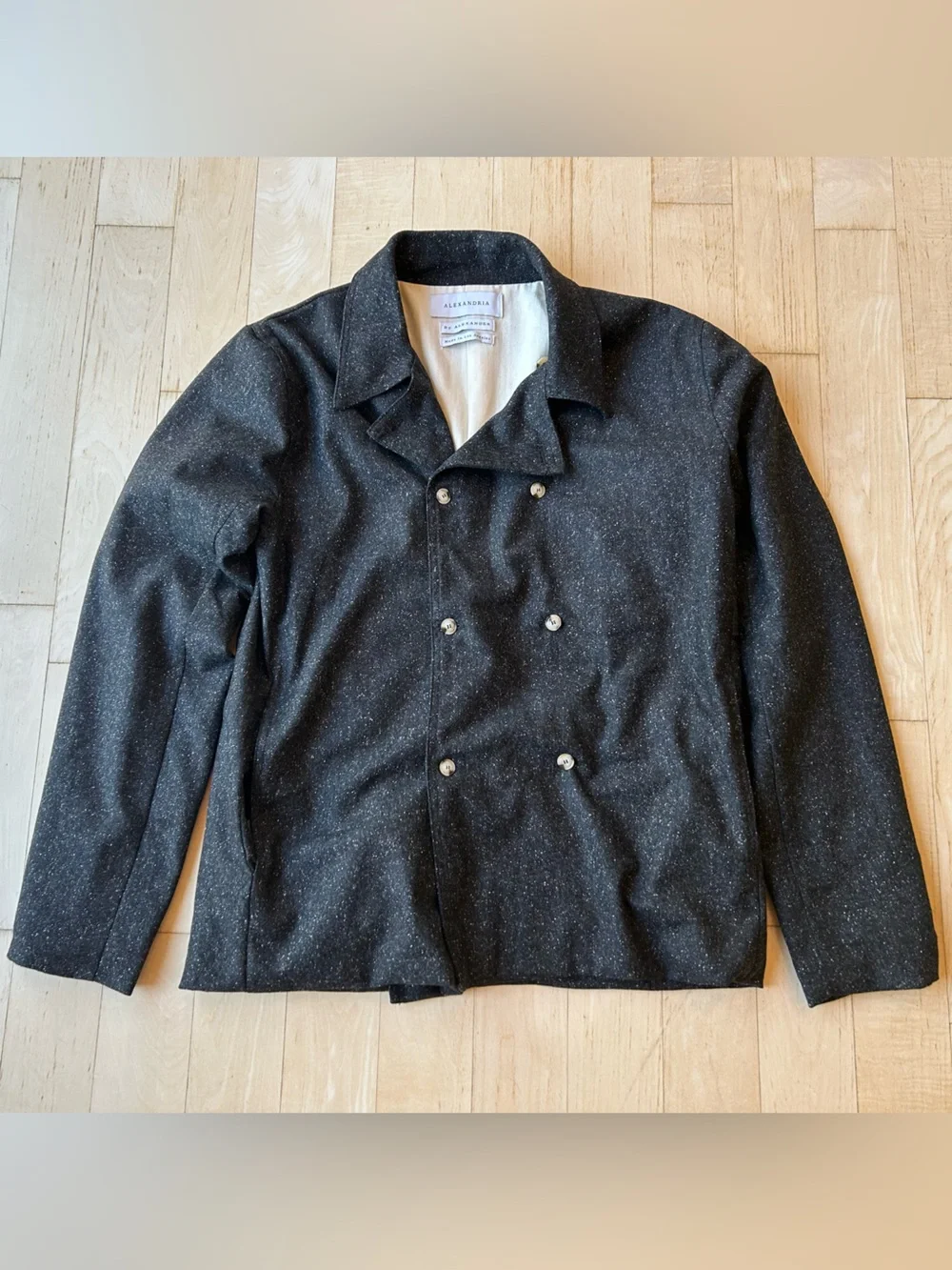 Alexandria Men’s Black Speckled Wool-Blend Double-Breasted Jacket Size Medium